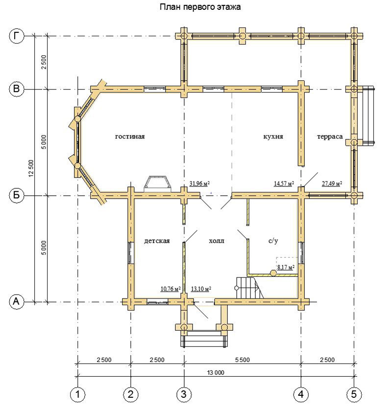 План первого этажа двухэтажного дома из строганого бревна общей площадью 180 м2